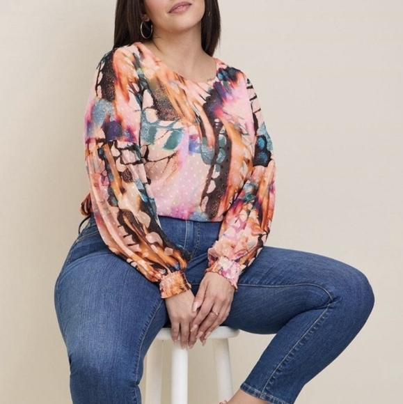 Torrid chiffon Clip Dot Boho Blouse Baloon Sleeves  abstract butterfly print 2x - Picture 1 of 12